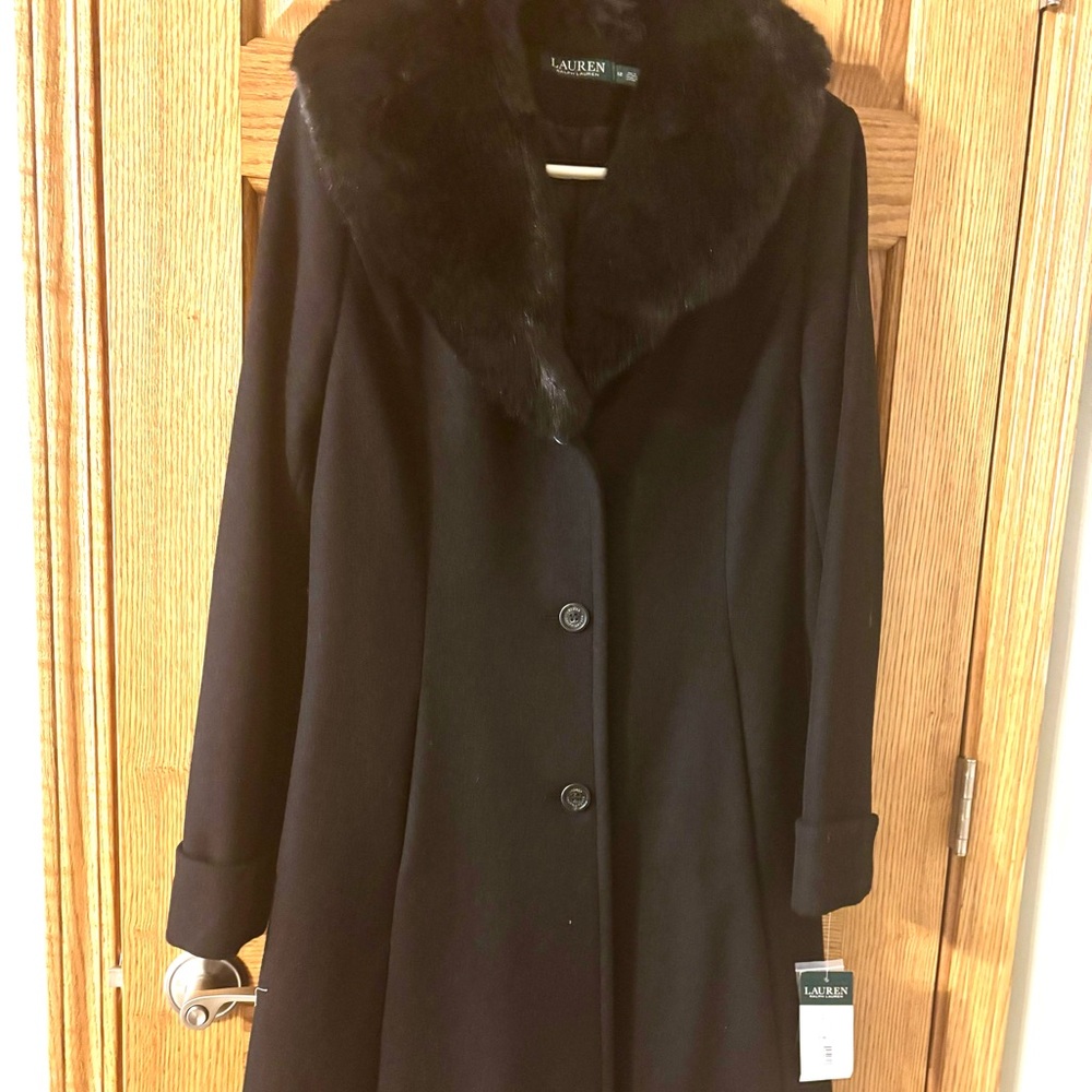 Ralph Lauren Black Trench Coat with Attached Fur Collar Size 12